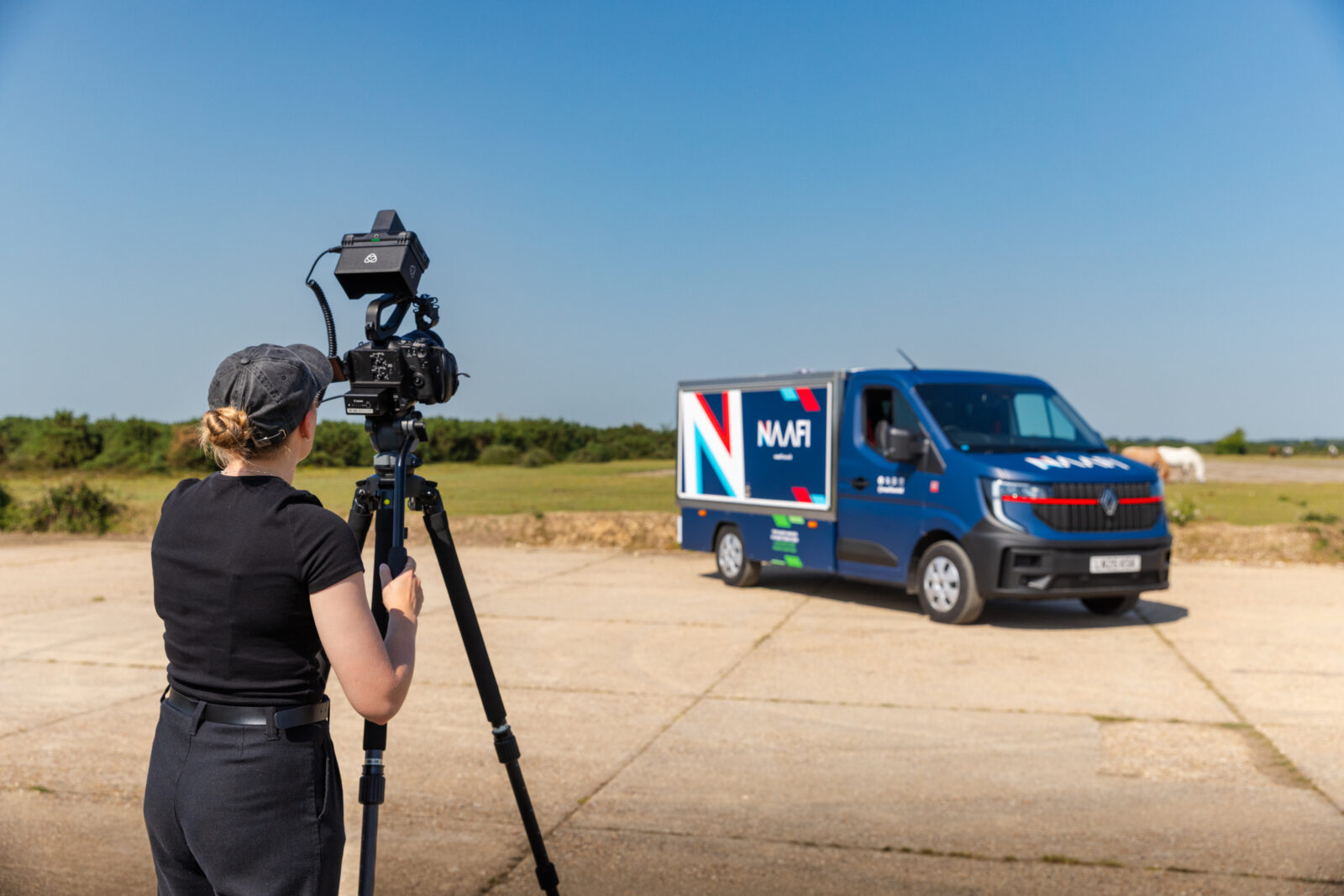 Behind-the-scenes action shot of the NAAFI wagon video